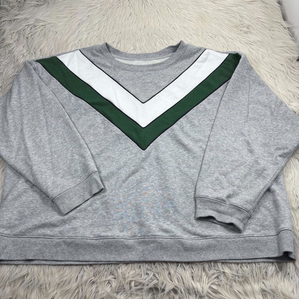 Maeve Women's 3X Varsity Crew Sweatshirt Gray Green Preppy Athleisure V-Stripe‎